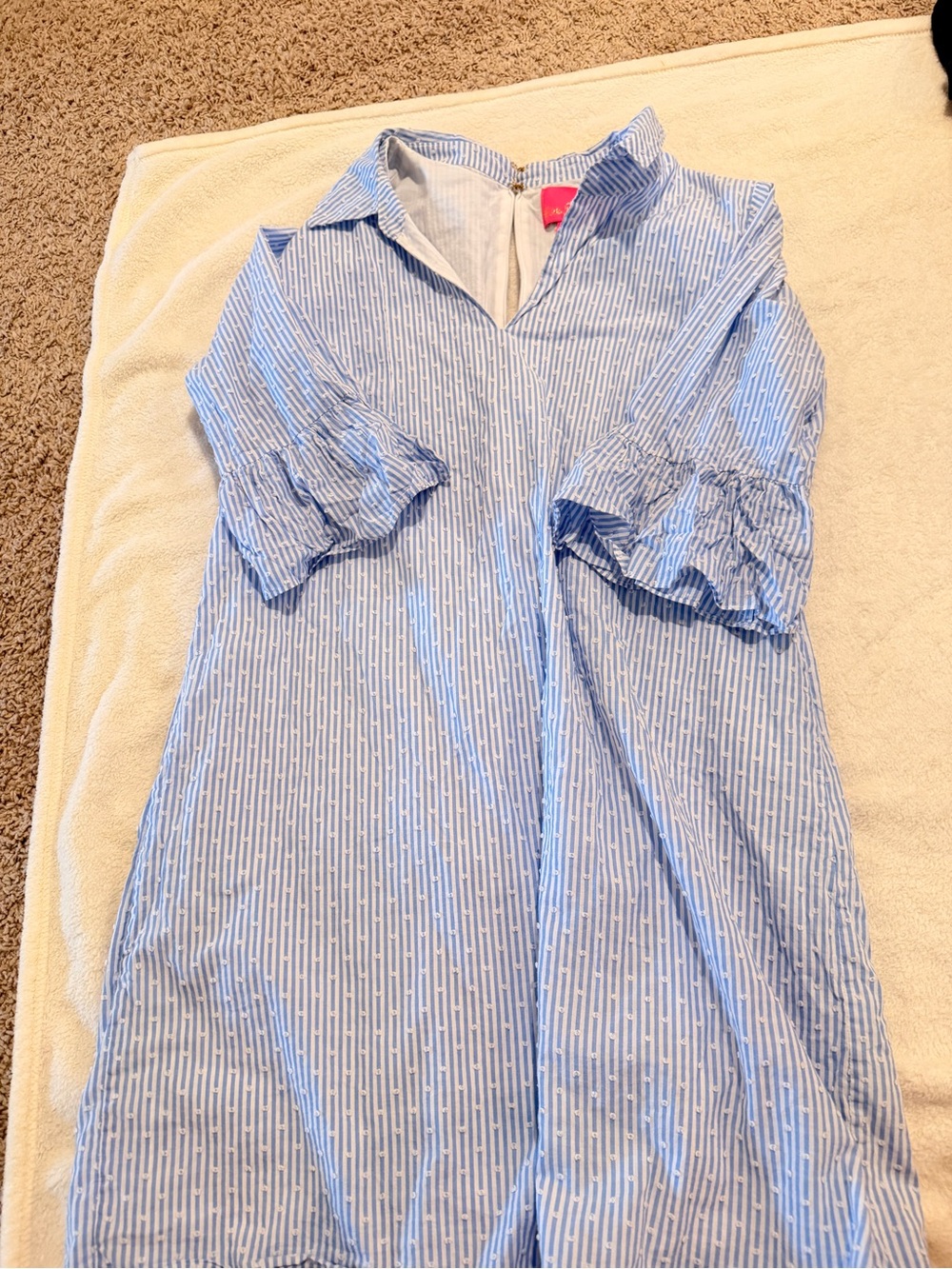Lilly Pulitzer Blue seersucker Striped Ruffle-Sleeve Womens dress
